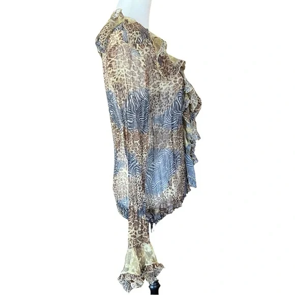 NWT 90s Y2K Vintage MK Solo Animal Print Sheer Ruffle Blouse Lace. Size XL - Picture 3 of 12